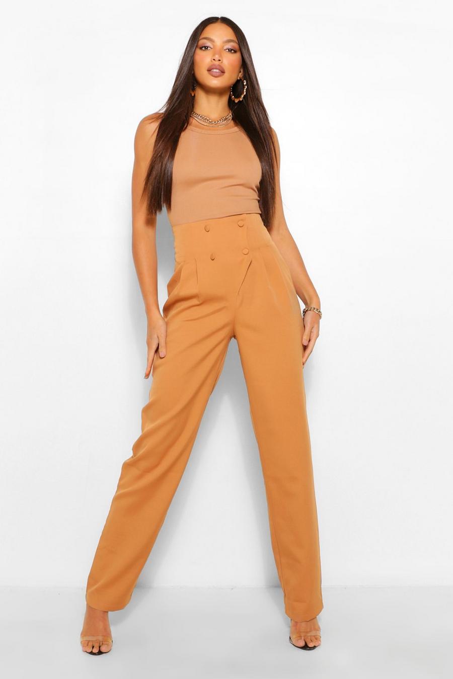 Tan Tall Pleated High Waist Straight Leg Trousers image number 1