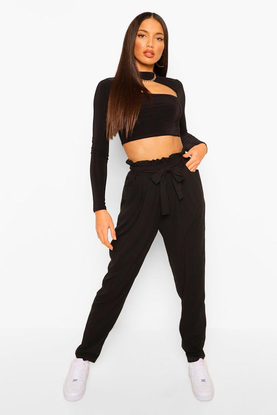 Black Tall Paperbag Waist Straight Leg Trousers image number 1