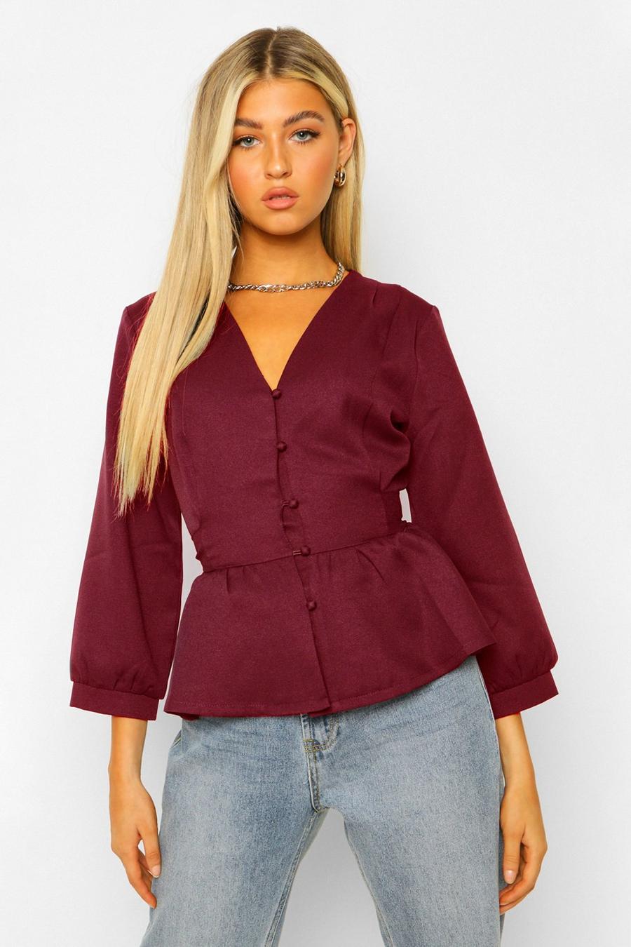 Berry Tall Tie Waist V Neck Blouse image number 1