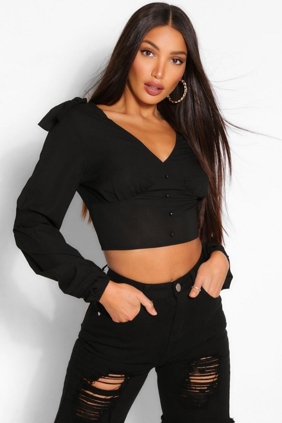 Black Tall Bow Detail Ruched Bust Crop Top image number 1