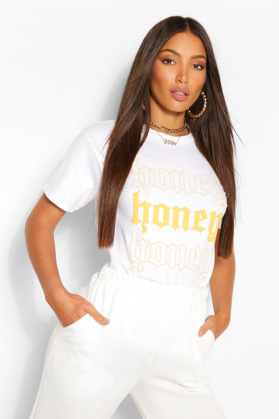 White Tall 'Honey' Slogan T-Shirt image number 1
