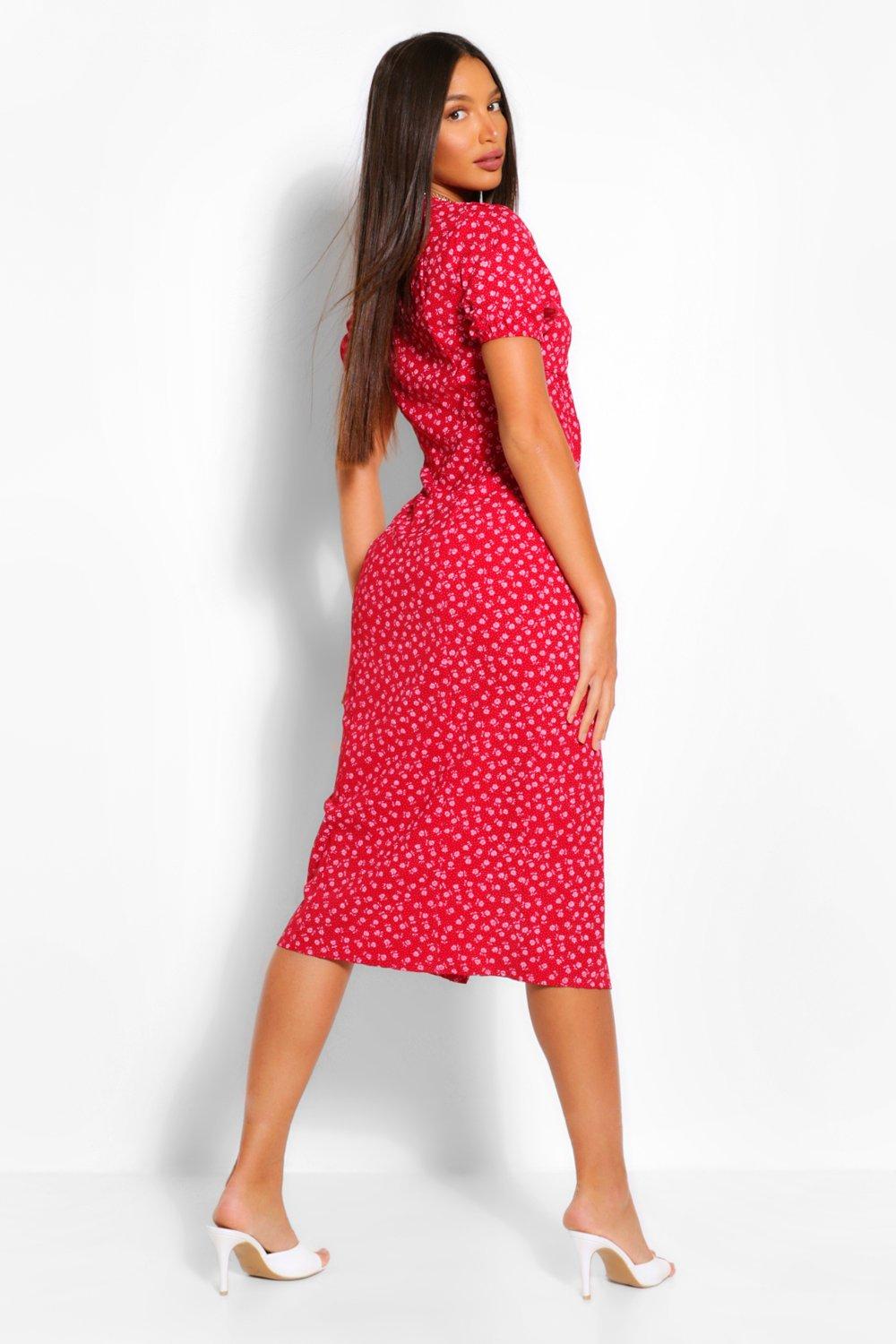 Boohoo midi wrap dress in red ditsy outlet floral