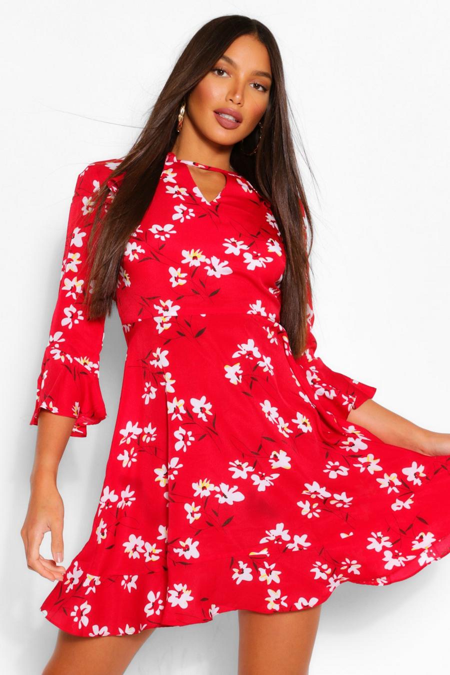 Red rojo Tall Woven Floral Print Skater Dress image number 1
