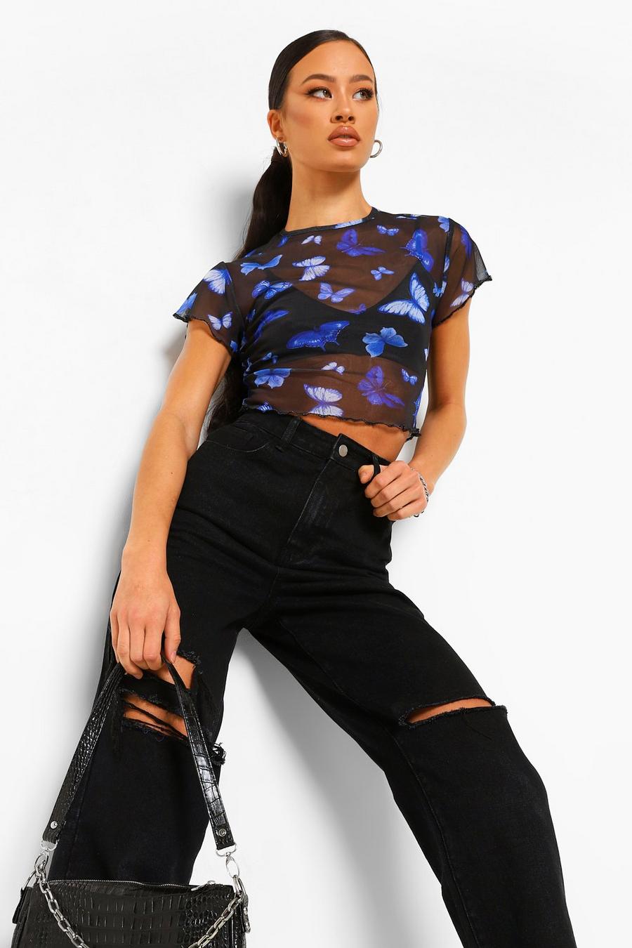 Blue Tall Mesh Butterfly Print Crop Top image number 1
