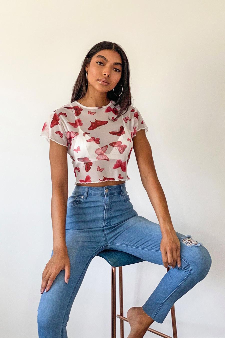 White Tall Mesh Butterfly Print Crop Top image number 1