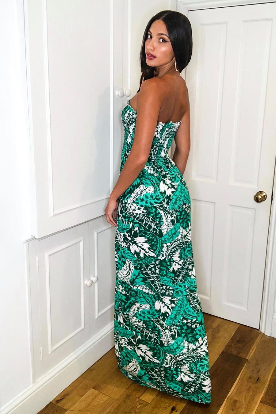 Green Tall Tropical Shirred Bandeau Maxi Dress image number 1