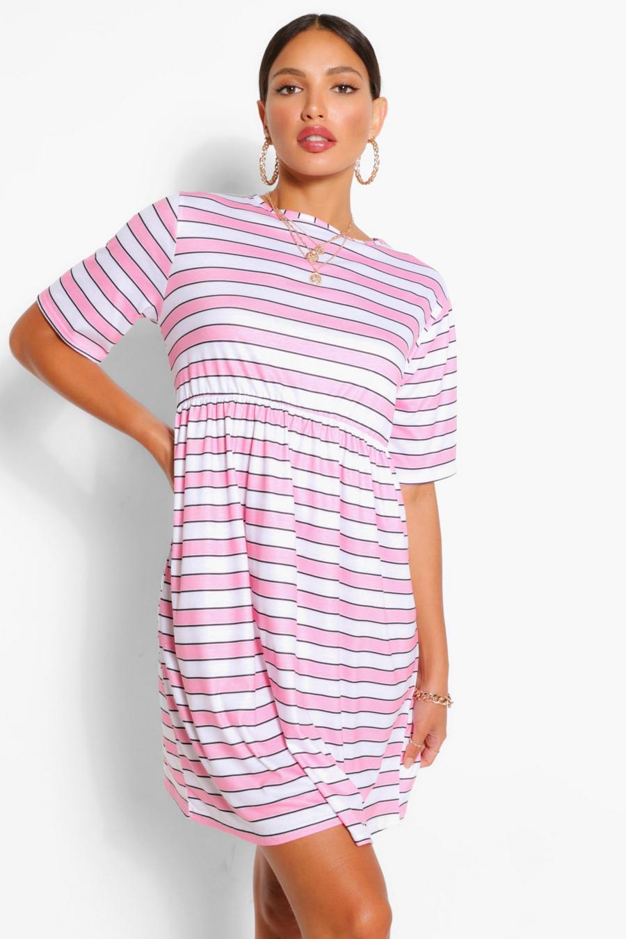 Pink Tall Jersey Knit Stripe Smock Dress image number 1