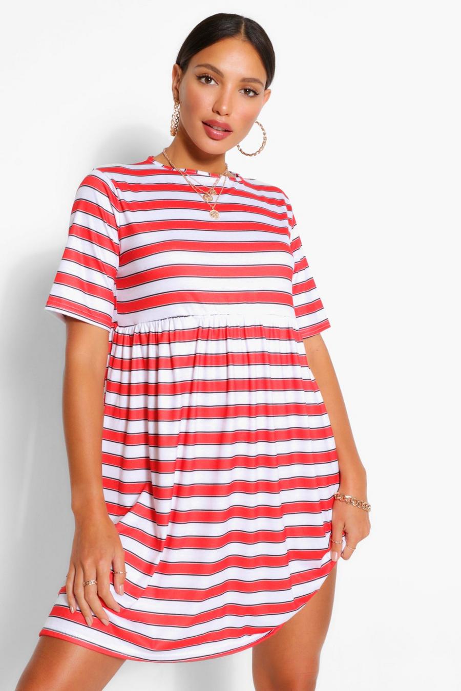 Red Tall Jersey Stripe Smock Dress image number 1