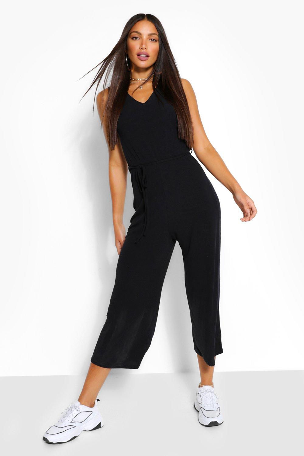 Tall Soft Rib Tie Waist Culotte Jumpsuit boohoo USA