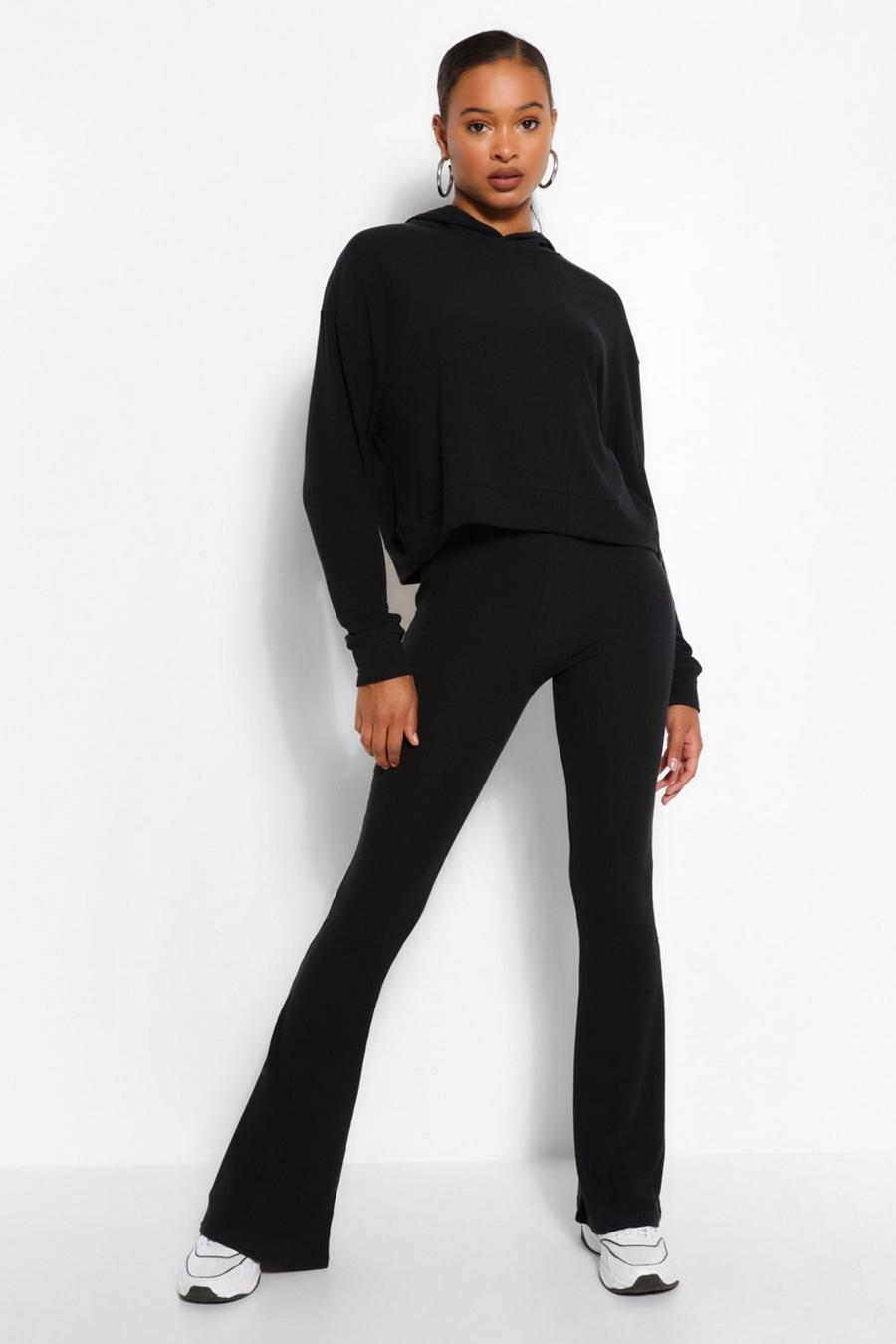 Black Tall Soft Rib Crop Hoody And Flare Pants Set image number 1