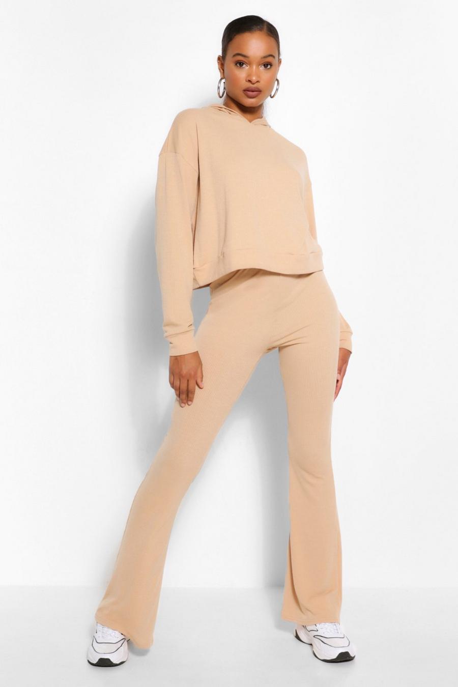 Stone Tall Soft Rib Crop Hoody And Flare Trouser Set image number 1