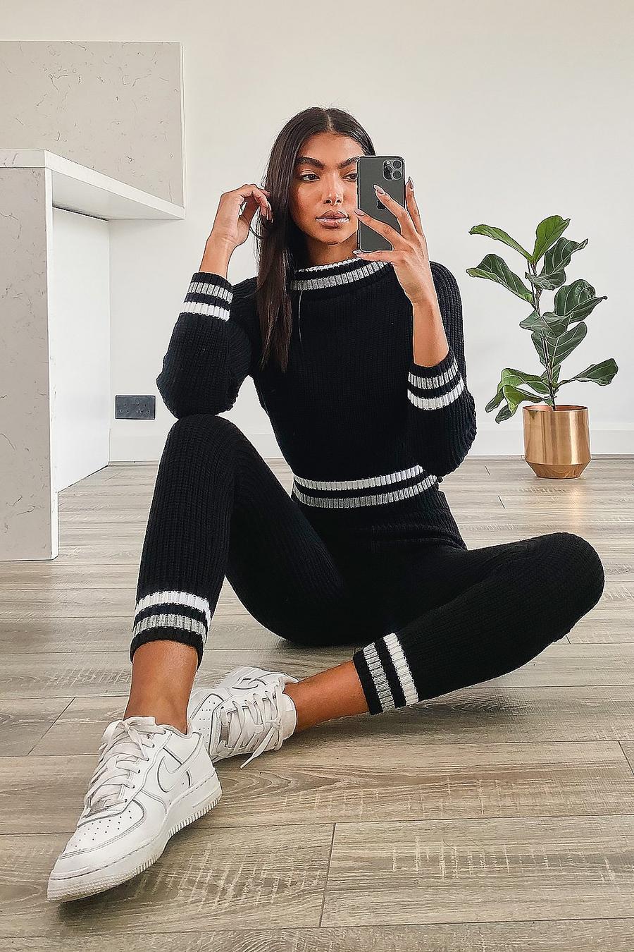 Black Tall Stripe Sweater & Leggings Loungewear Set image number 1