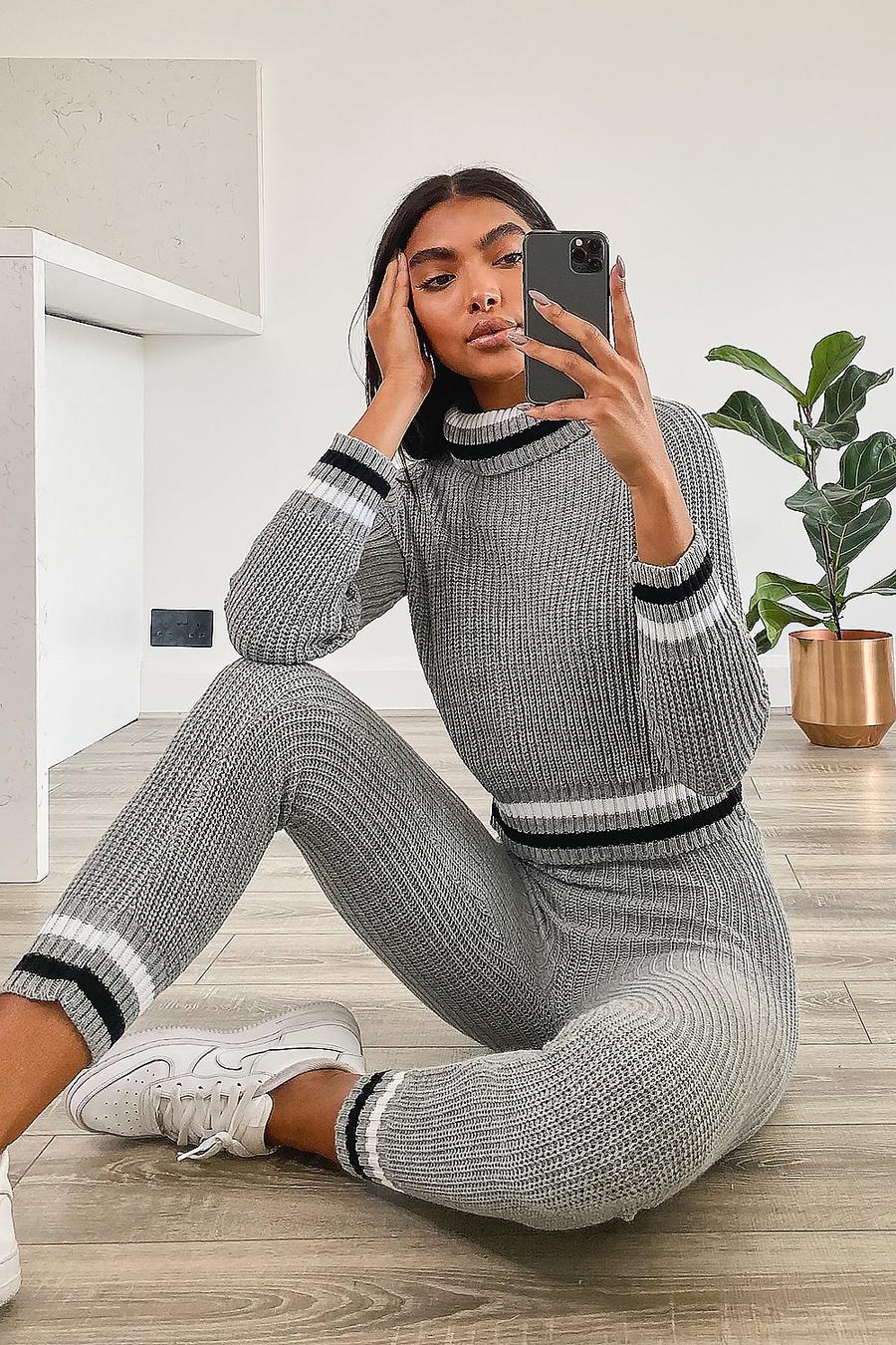 Grey Tall Stripe Sweater & Leggings Loungewear Set image number 1