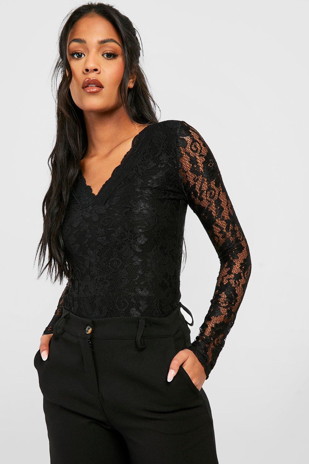 Women's Black Tall Lace Long Sleeved Bodysuit