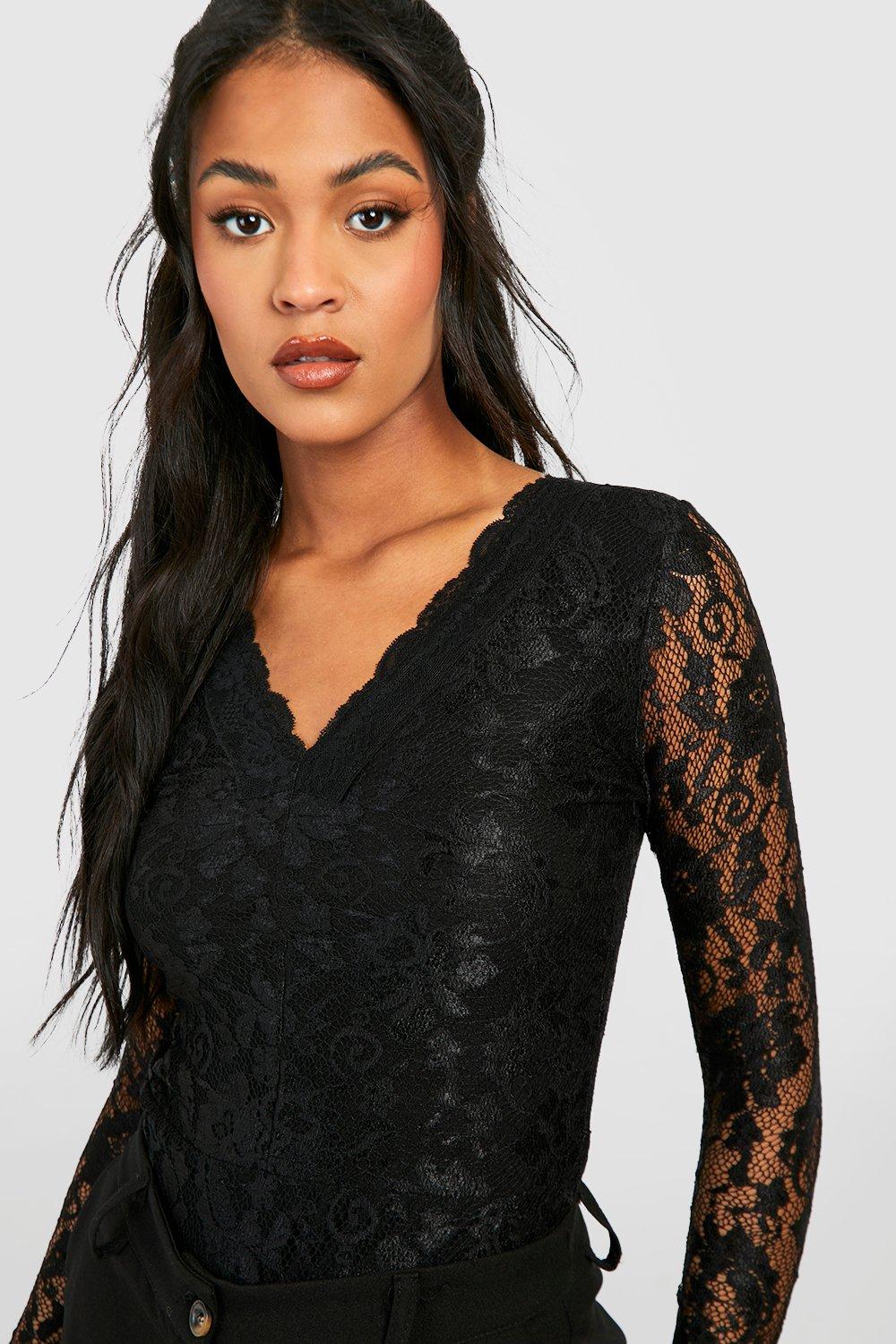 Women's Black Tall Lace Long Sleeved Bodysuit