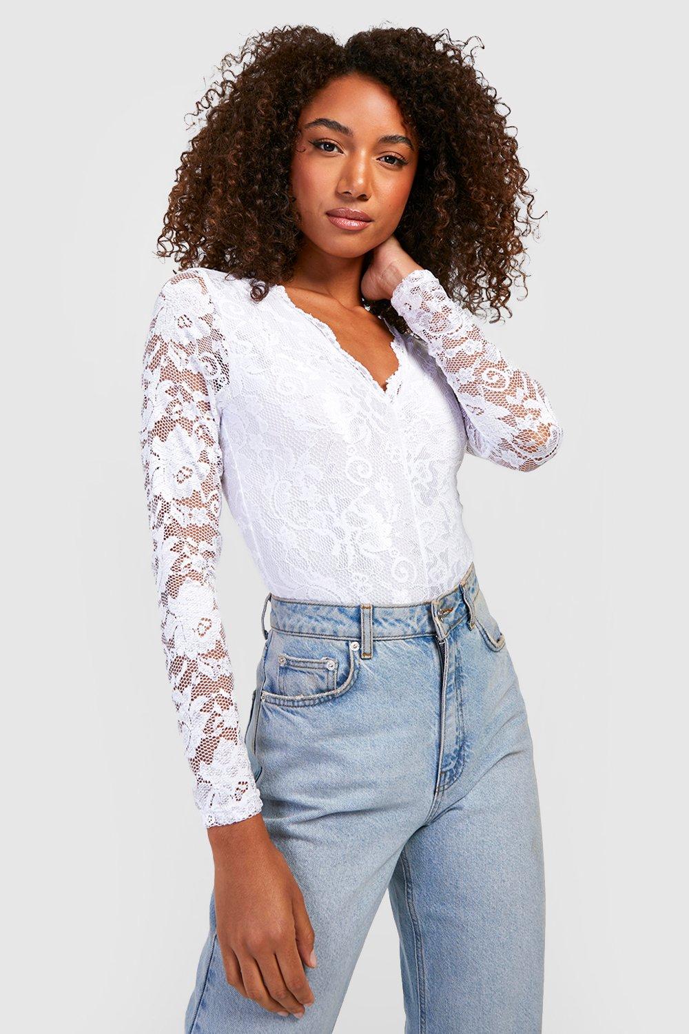 Plus White Sheer Lace Plunge Long Sleeve Bodysuit