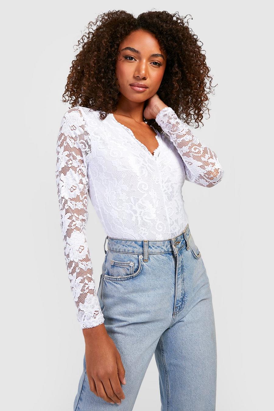 White Tall Lace Long Sleeved Bodysuit image number 1