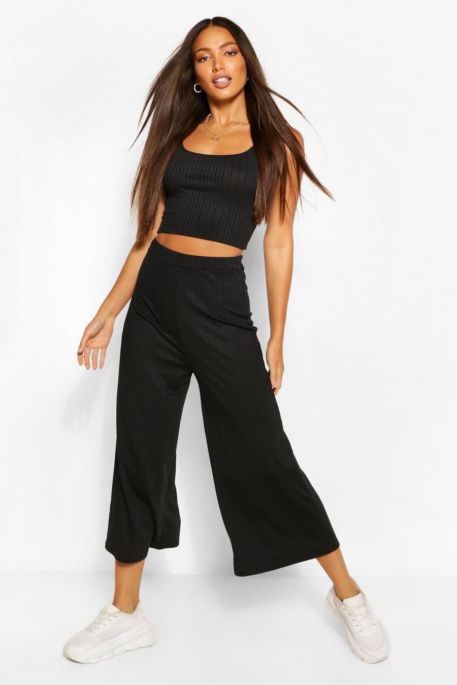 Black Tall Rib Crop Top And Culottes Trouser Co-Ord image number 1