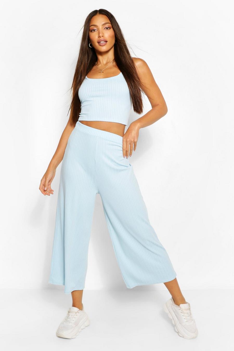 Blue Tall Rib Crop Top And Culottes Pants Co-Ord image number 1