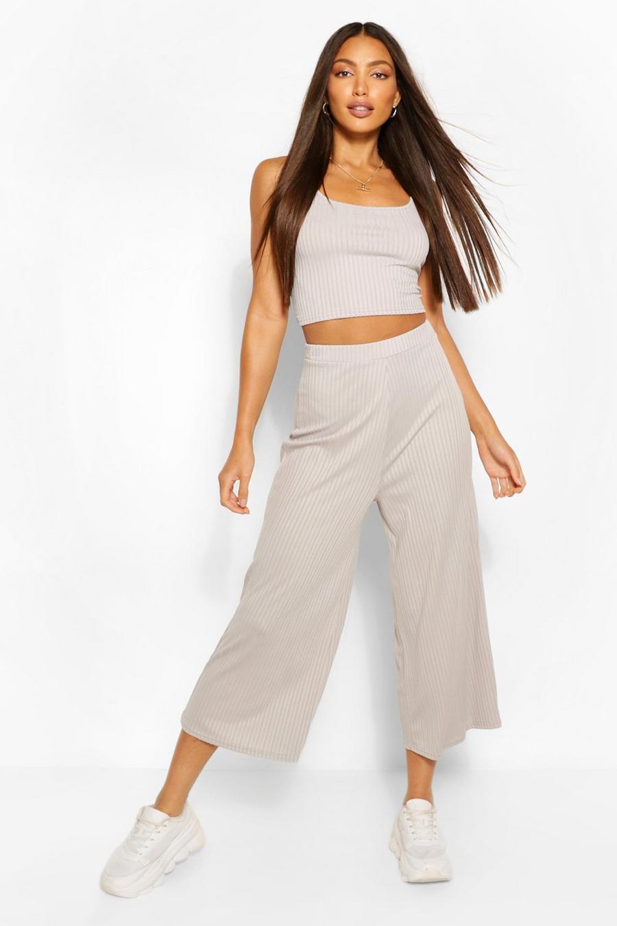 Grey Tall Rib Crop Top And Culottes Trouser Co-Ord image number 1