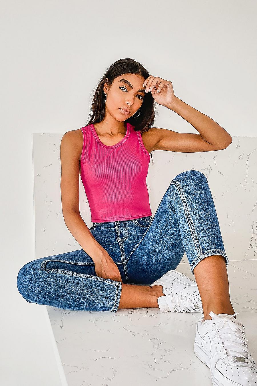 Coral Tall Rib 90's Racer Crop Top image number 1