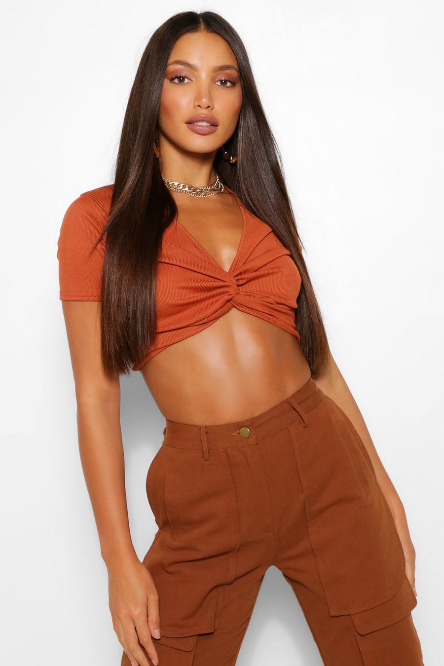 Rust Tall Rib Twist Front Crop Top image number 1