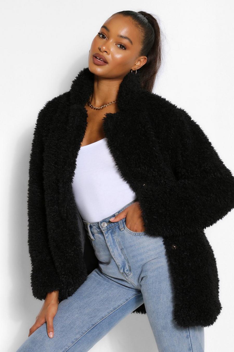 Black Tall Oversized Faux Fur Shaggy Coat image number 1