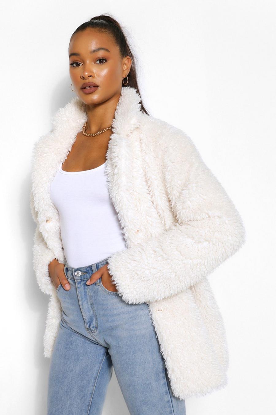 Ecru white Tall Oversized Faux Fur Shaggy Coat image number 1