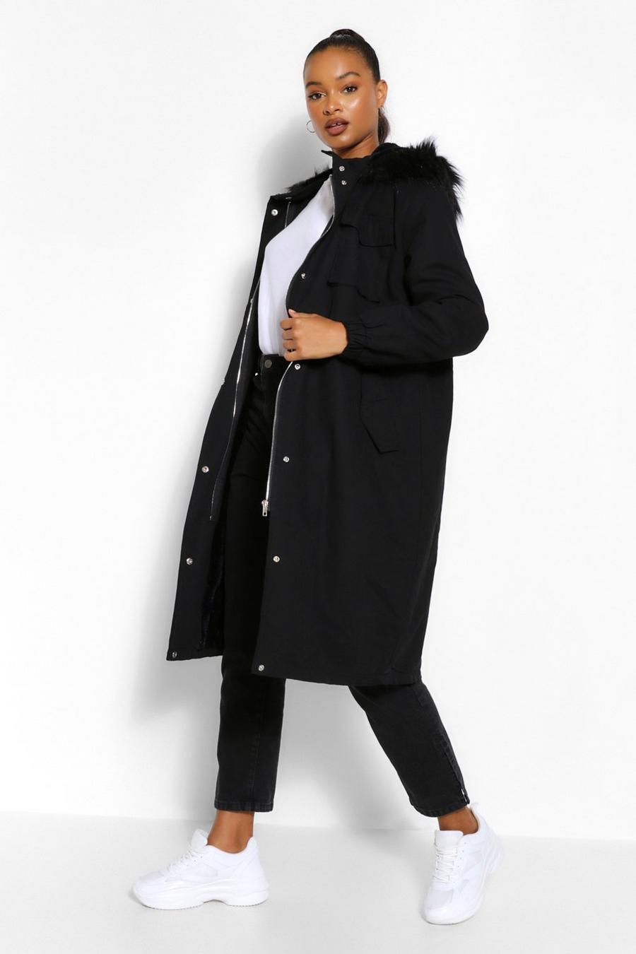 Black Tall Faux Fur Oversized Longline Parka image number 1