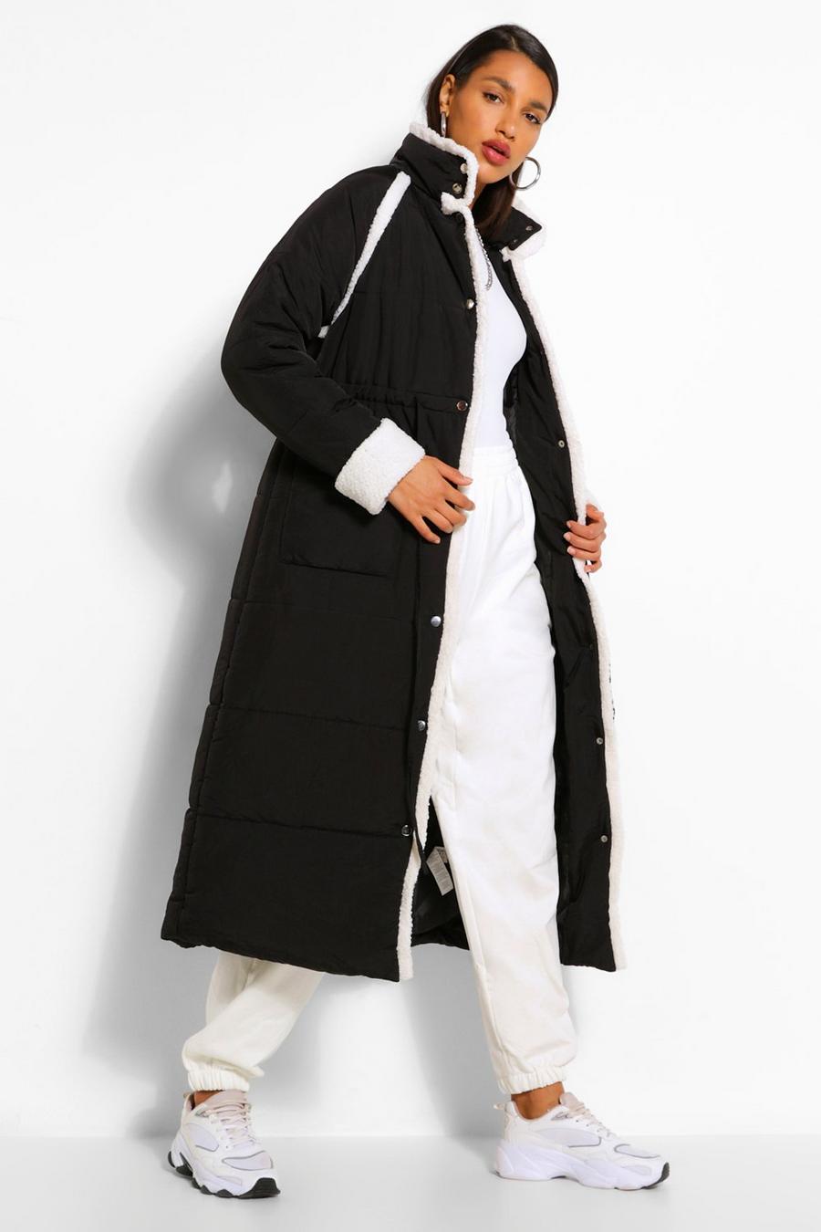 Cappotto lungo imbottito con bordo in pelliccia sintetica a contrasto Tall, Nero image number 1