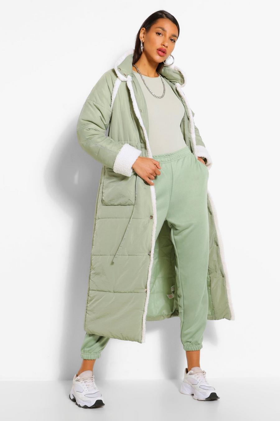 Khaki Tall Padded Contrast Faux Fur Trim Longline Coat image number 1