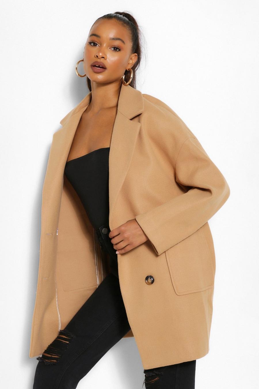 Camel beis Tall Wool Oversized Pocket Coat