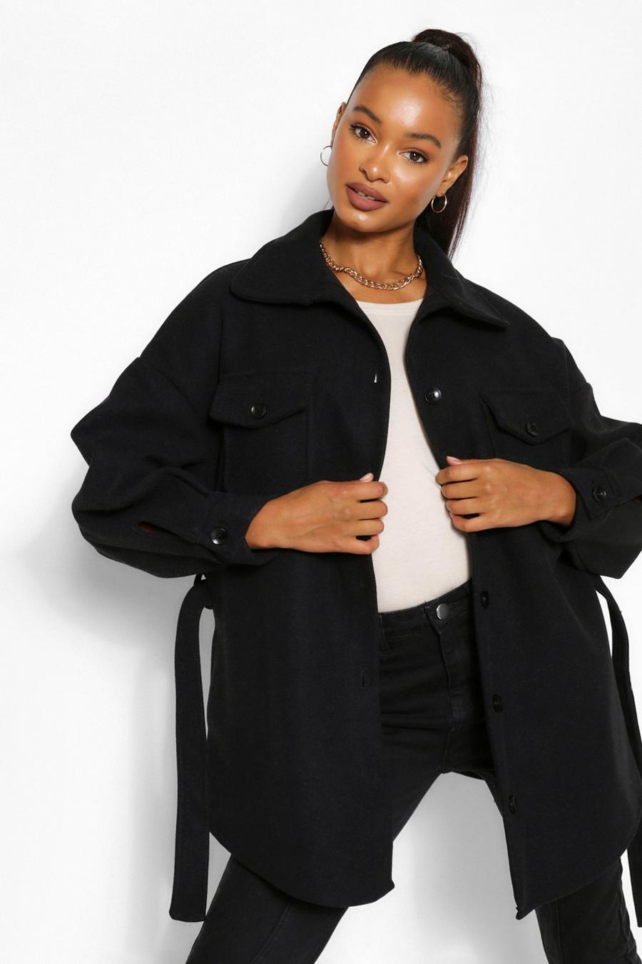 Black Sportswear Wool Belted Shacket Coat