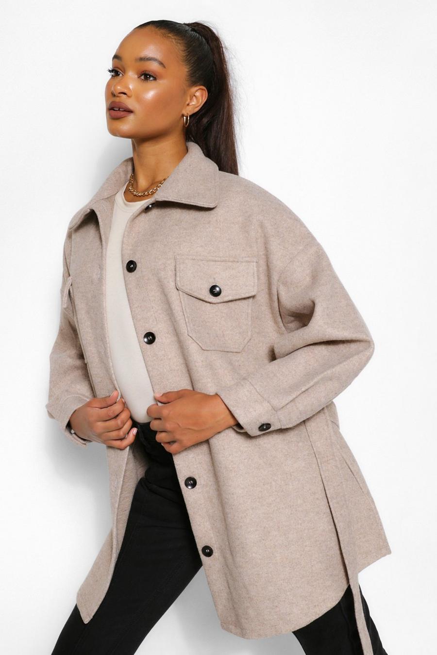 שיבולת שועל מעיל בסגנון חולצת ז'קט מצמר עם חגורה לנשים גבוהות image number 1