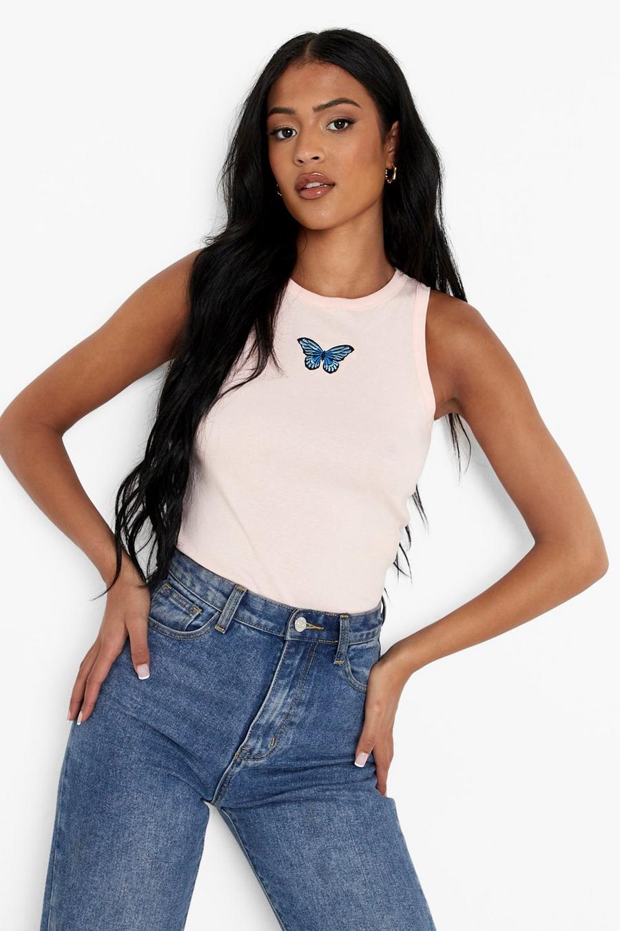 Baby pink Tall Butterfly Motif Rib Crop Top image number 1