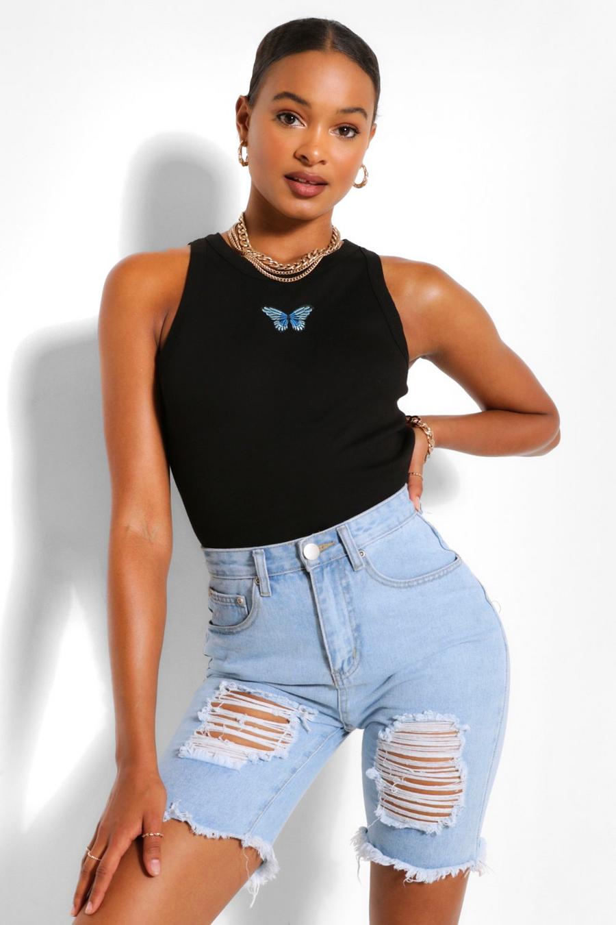 Black Tall Butterfly Motif Rib Crop Top image number 1