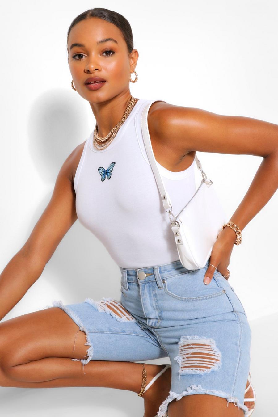 White Tall Butterfly Motif Rib Crop Top image number 1