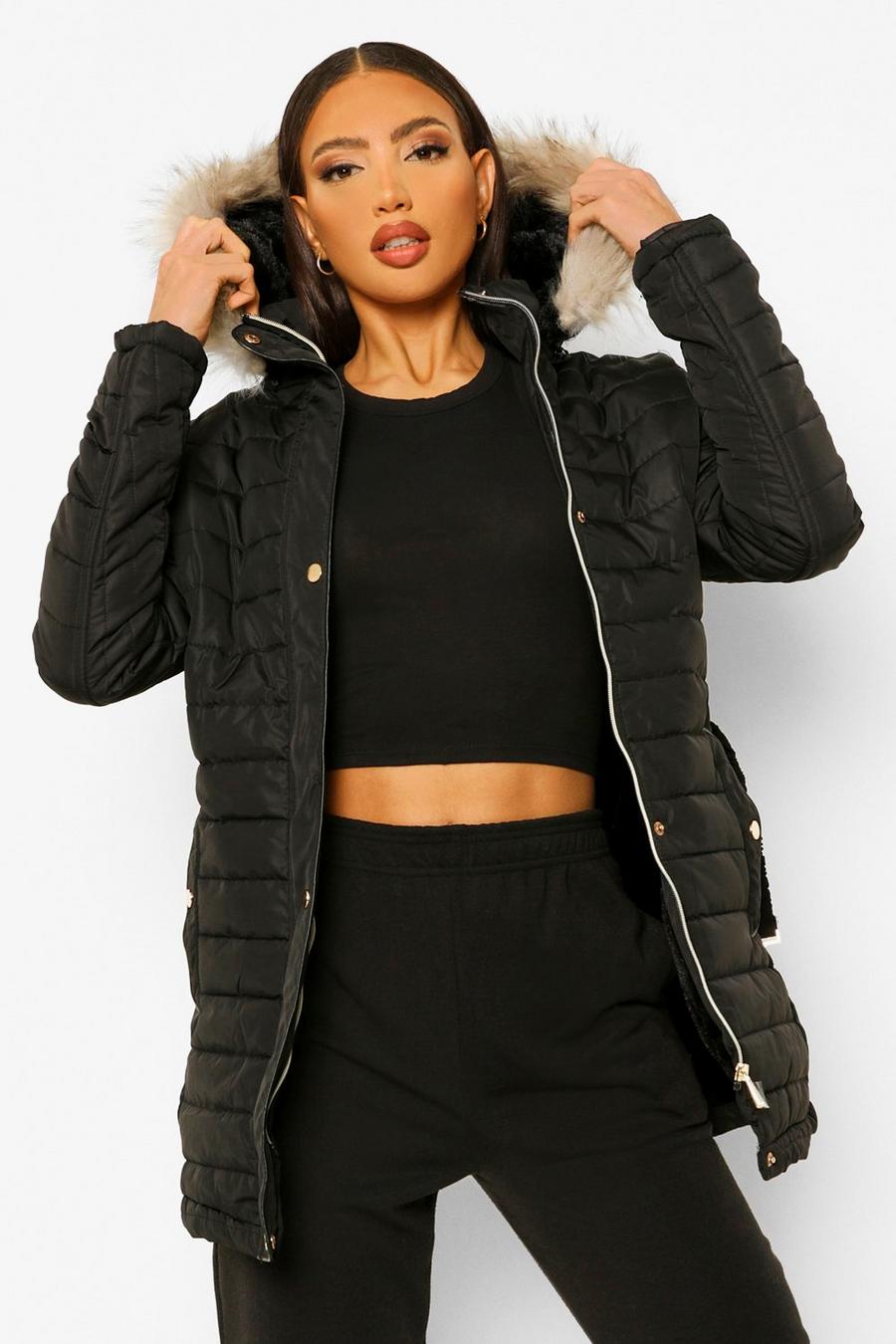 Tall Faux Fur Trimmed Puffer Belted Coat image number 1