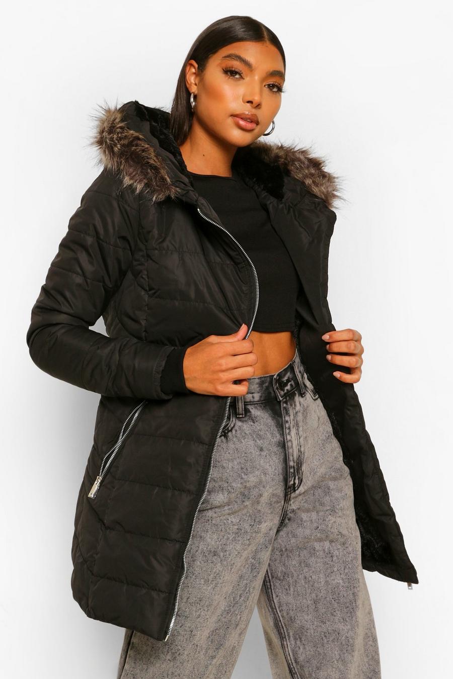 Black Tall Faux Fur Trimmed Puffer Coat image number 1