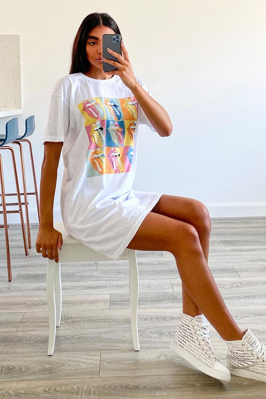White Tall Rolling Stones Oversized License T-Shirt Dress image number 1