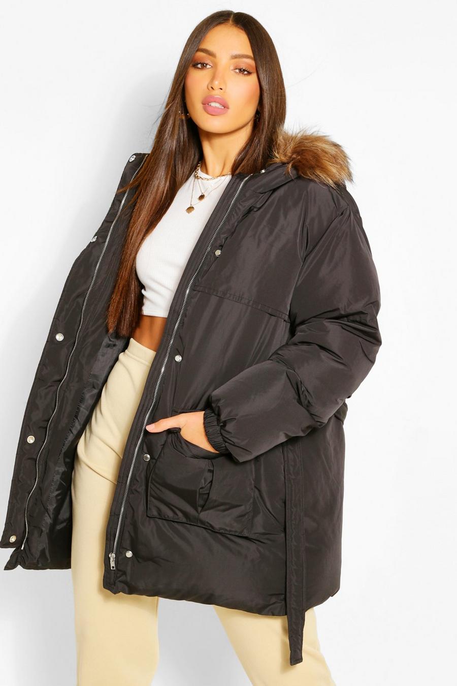 Black Tall Faux Fur Belted Padded Coat image number 1