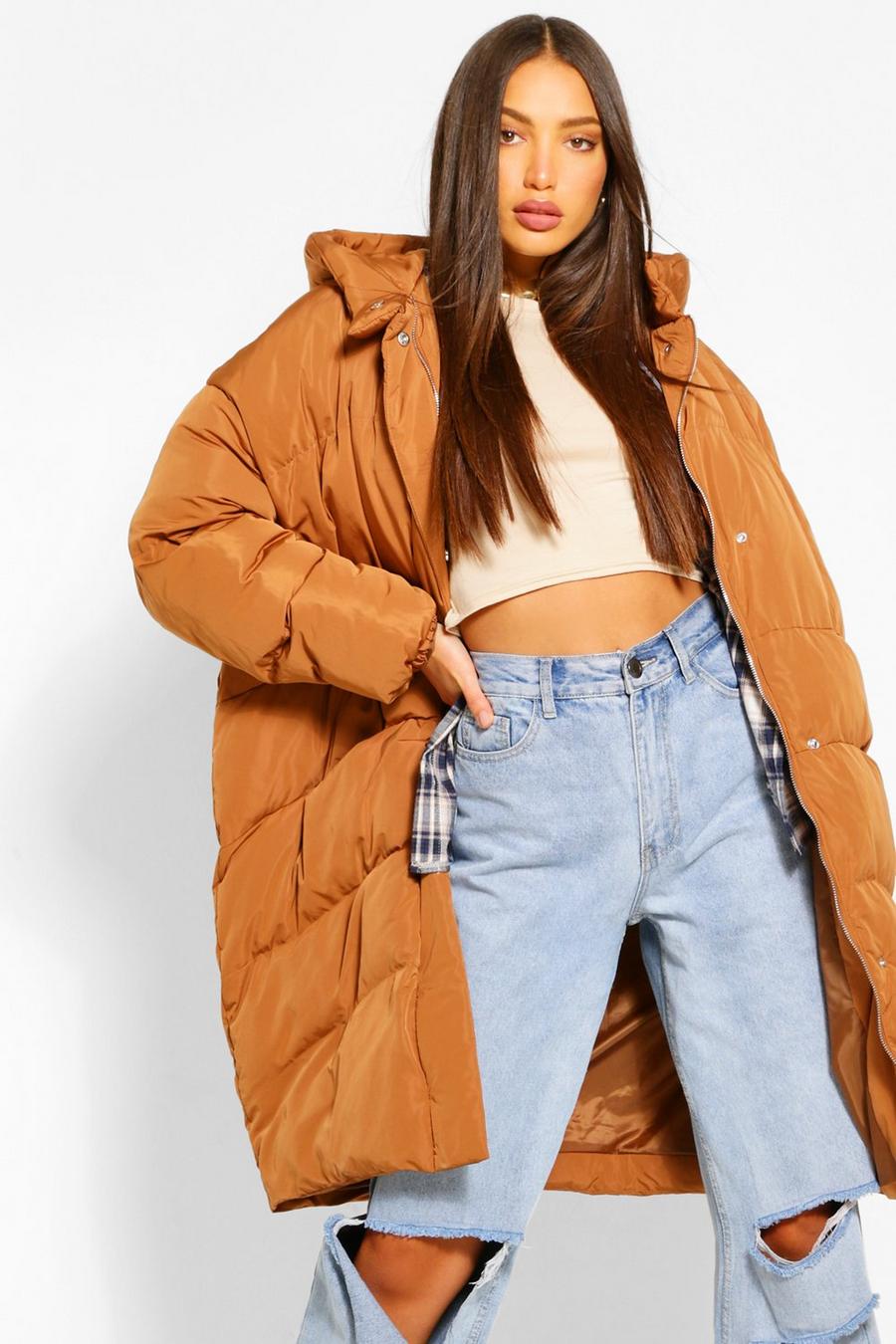 Rust Tall Quilted Hooded Longline Puffer Coat image number 1
