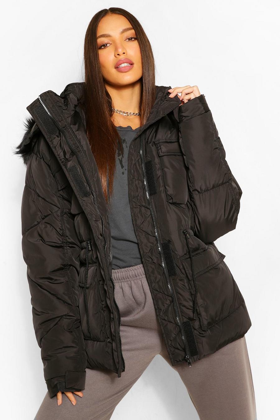 Black Tall Faux Fur Hooded Waist Cinch Coat image number 1