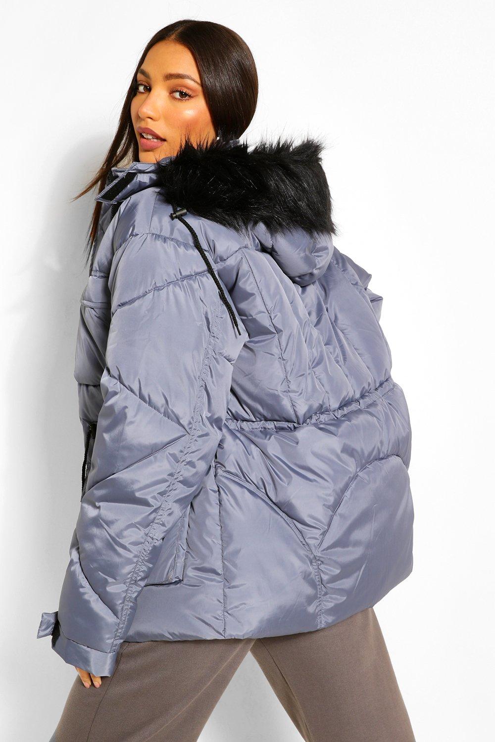 Boohoo padded coat with fur trim and hot sale waist detail in black