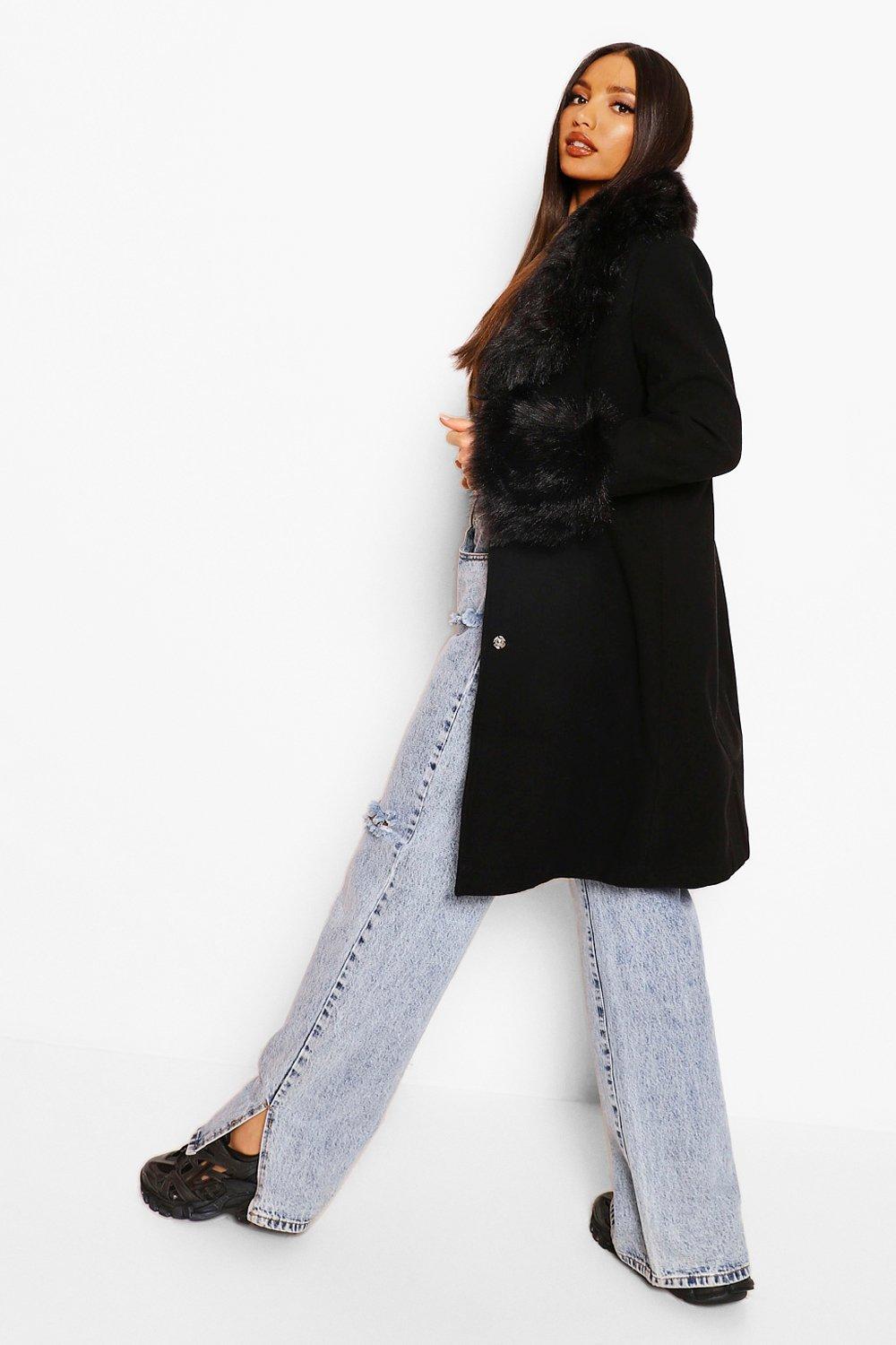 Tall Faux Fur Collar And Cuff Coat