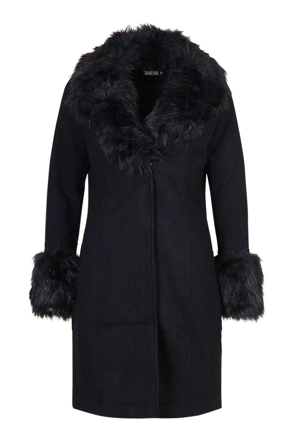 Ladies black fur collar coat best sale