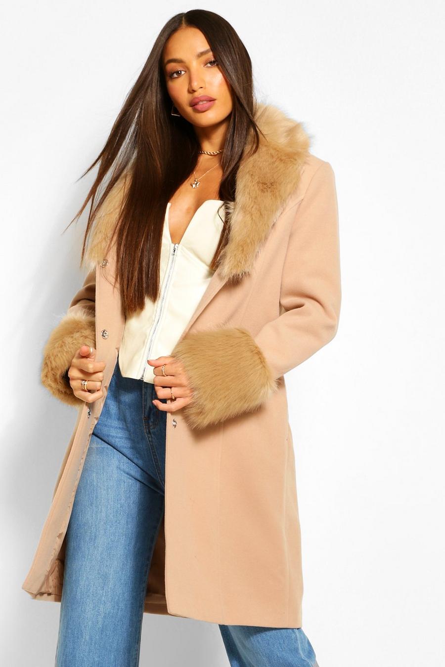 Camel Tall Faux Fur Collar And Cuff Coat image number 1