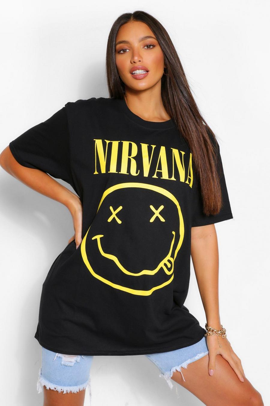 שחור טישרט אוברסייז עם הדפס Nirvana Smiley Face לנשים גבוהות image number 1