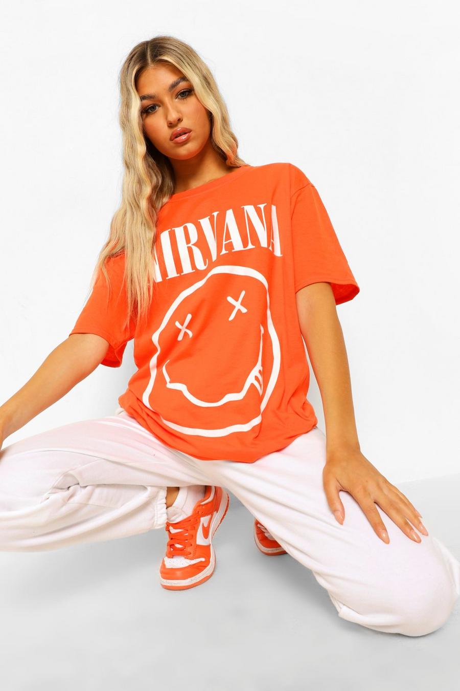 Orange Tall Nirvana Spray Face Oversized Licensed T-Shirt image number 1