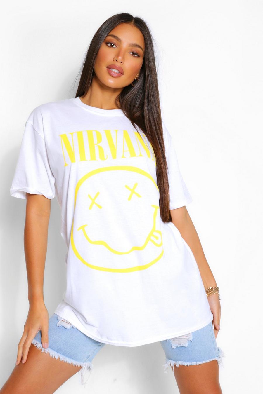 לבן טישרט אוברסייז עם הדפס Nirvana Smiley Face לנשים גבוהות image number 1